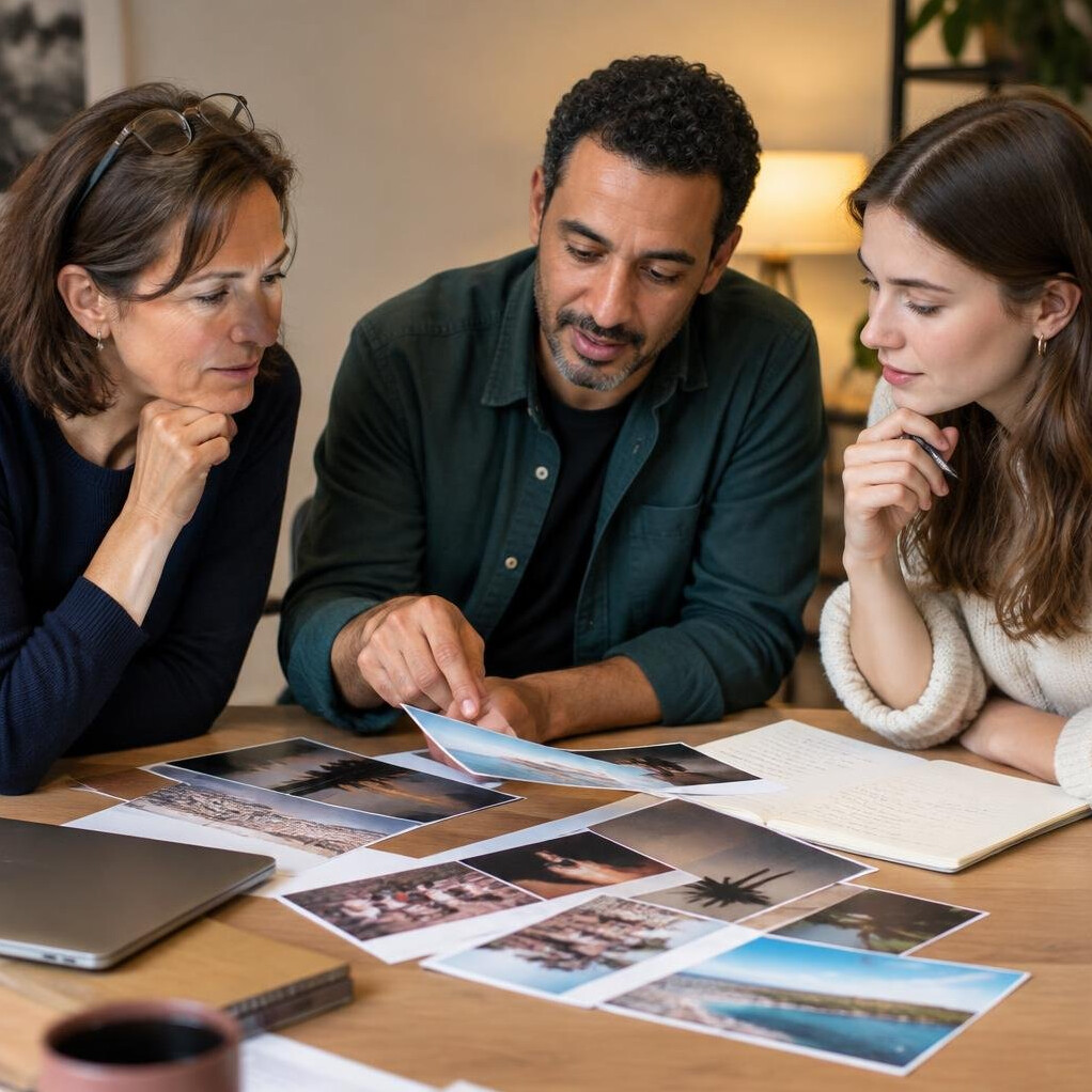 Diverse editorial team reviewing archive footage together