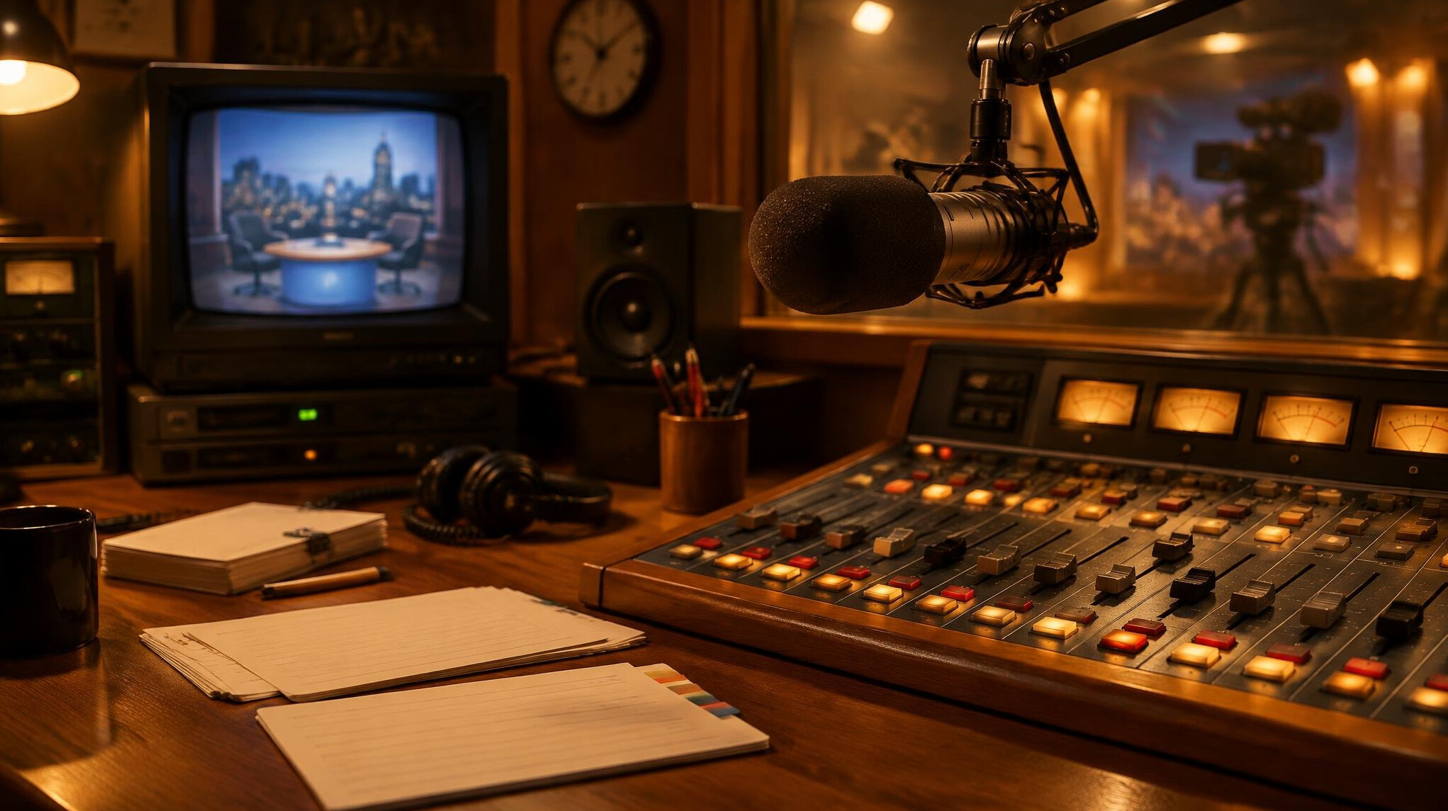 Radio and television recording desk with microphone